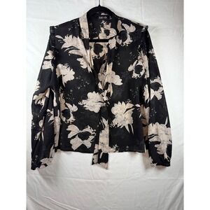 fab'rik Black Cream Floral Ruffle Shoulder Sheer Blouse sz Med feminine